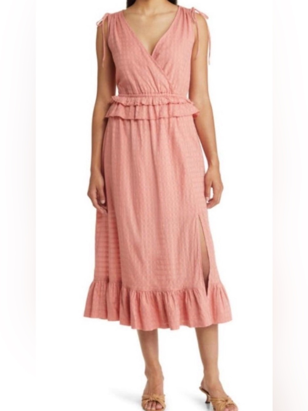 Caslon Swiss Dot Tie Shoulder Ruffle Midi Dress Pink Size Small